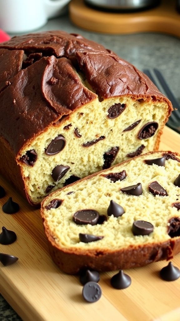 Sliced double chocolate chip sourdough bread on a wooden board, showcasing its soft texture and chocolate chips.